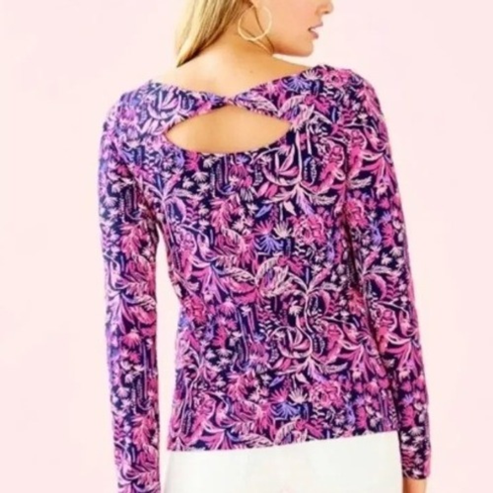 Lilly Pulitzer Tristan Long Sleeve Top Women's Small Pink Navy‎ Tropical Palm